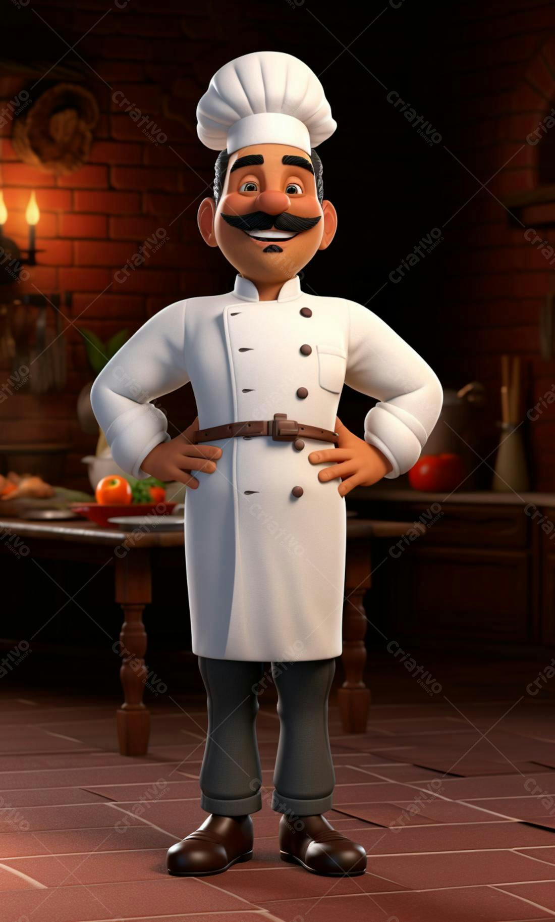 Chef de cozinha animado em cozinha rústica