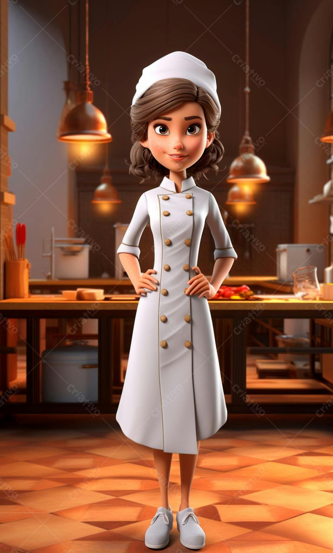 Chef de cozinha animada em uniforme branco