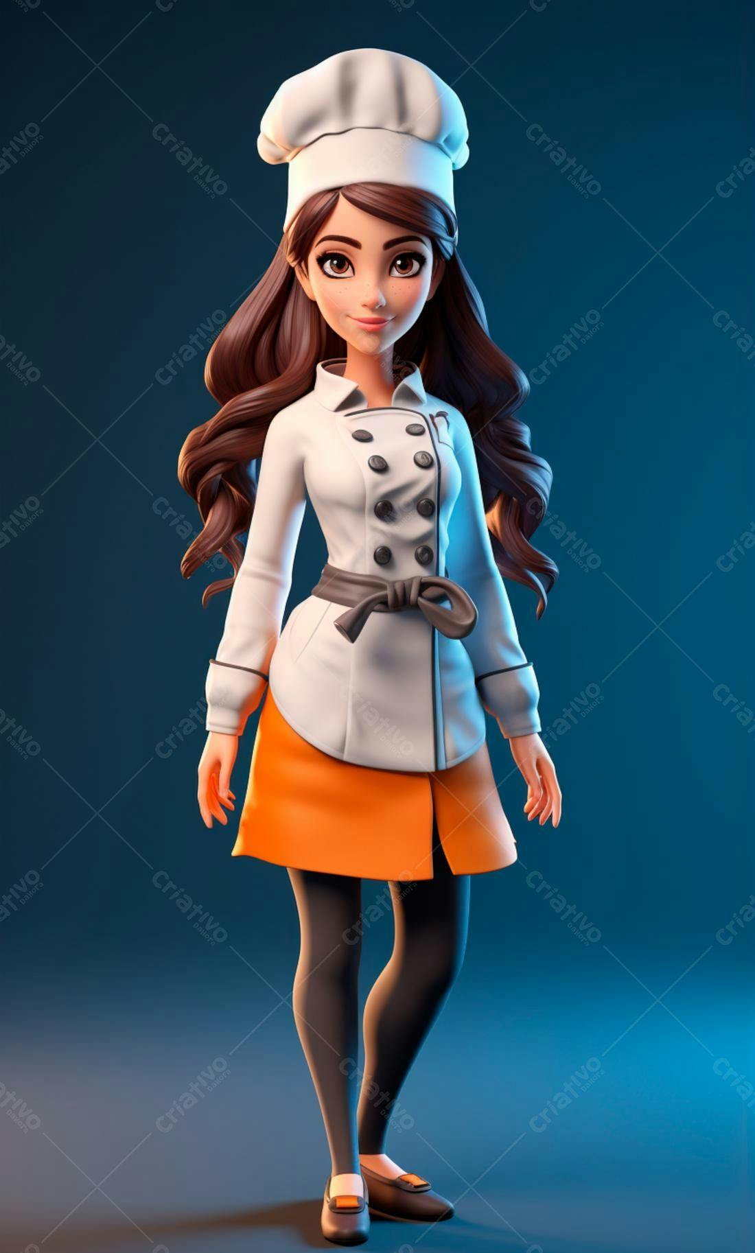 Chef feminina animada uniforme branco laranja