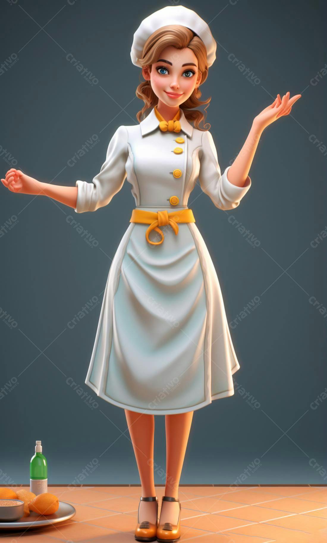 Chef feminina animada em uniforme branco e amarelo