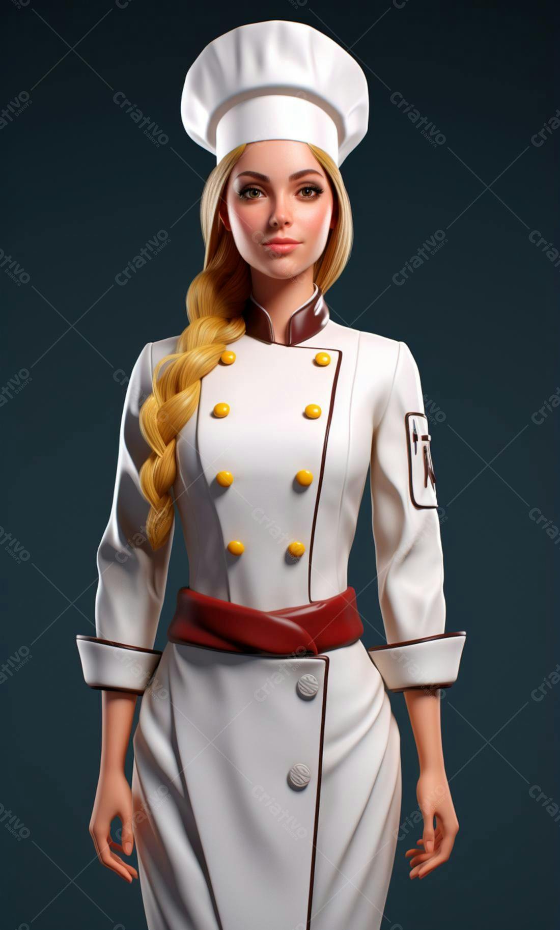 Chef feminina com uniforme branco e cabelo loiro trançado