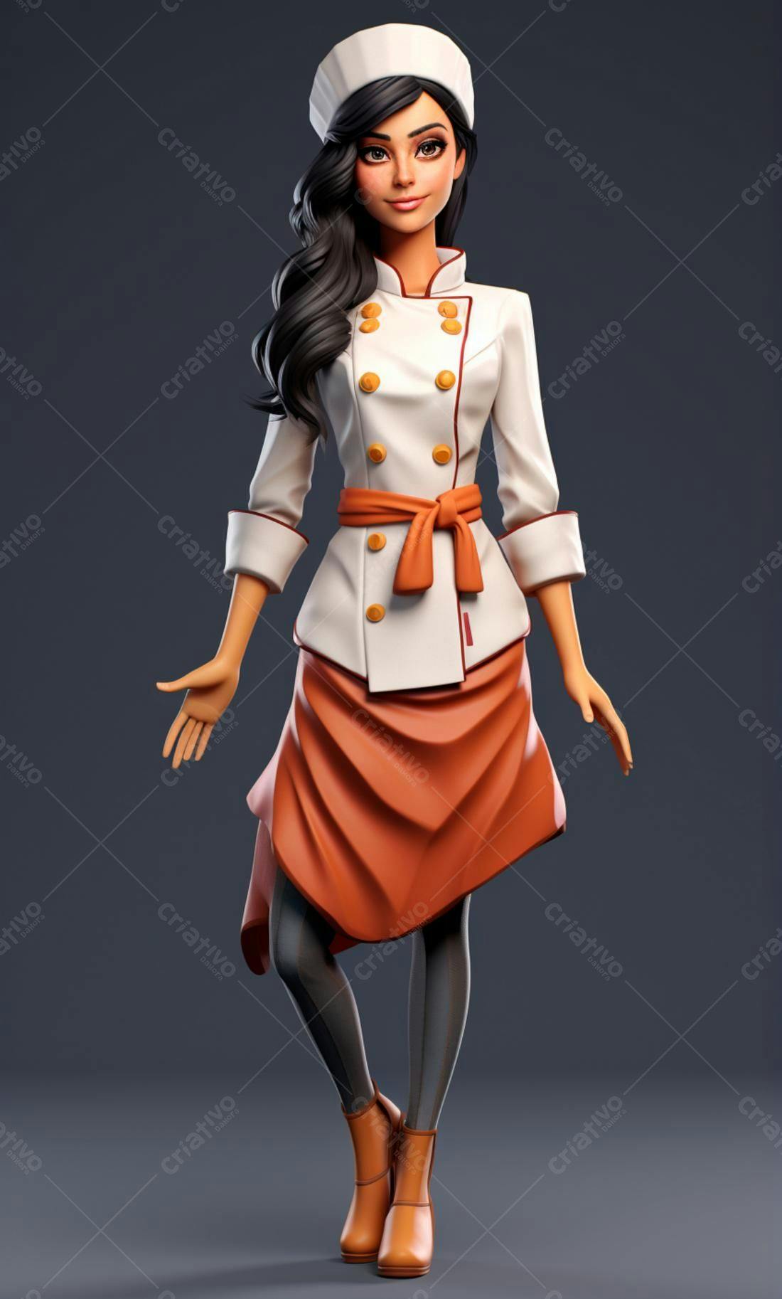 Chef feminina animada uniforme branco laranja