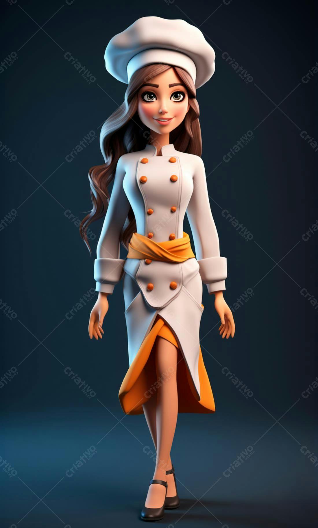 Chef feminina animada em uniforme branco e laranja