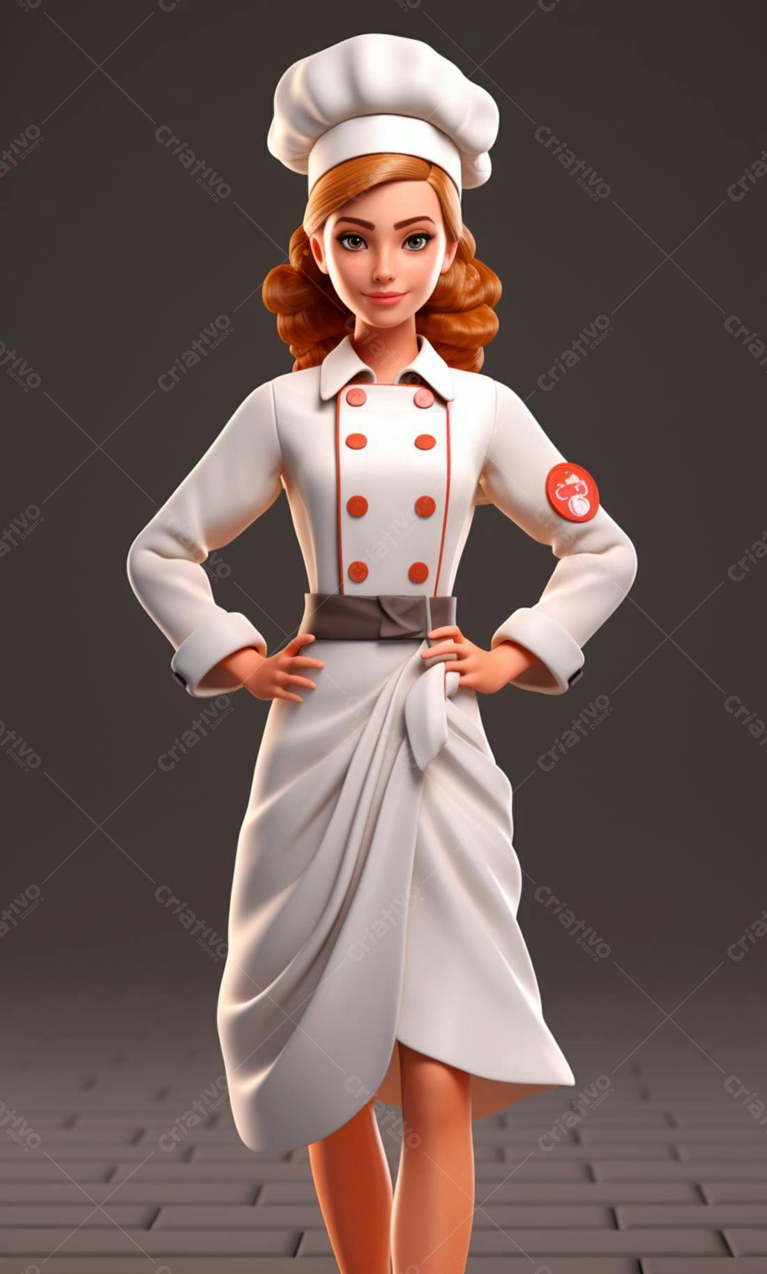 Chef feminina em uniforme branco e chapéu de cozinheiro