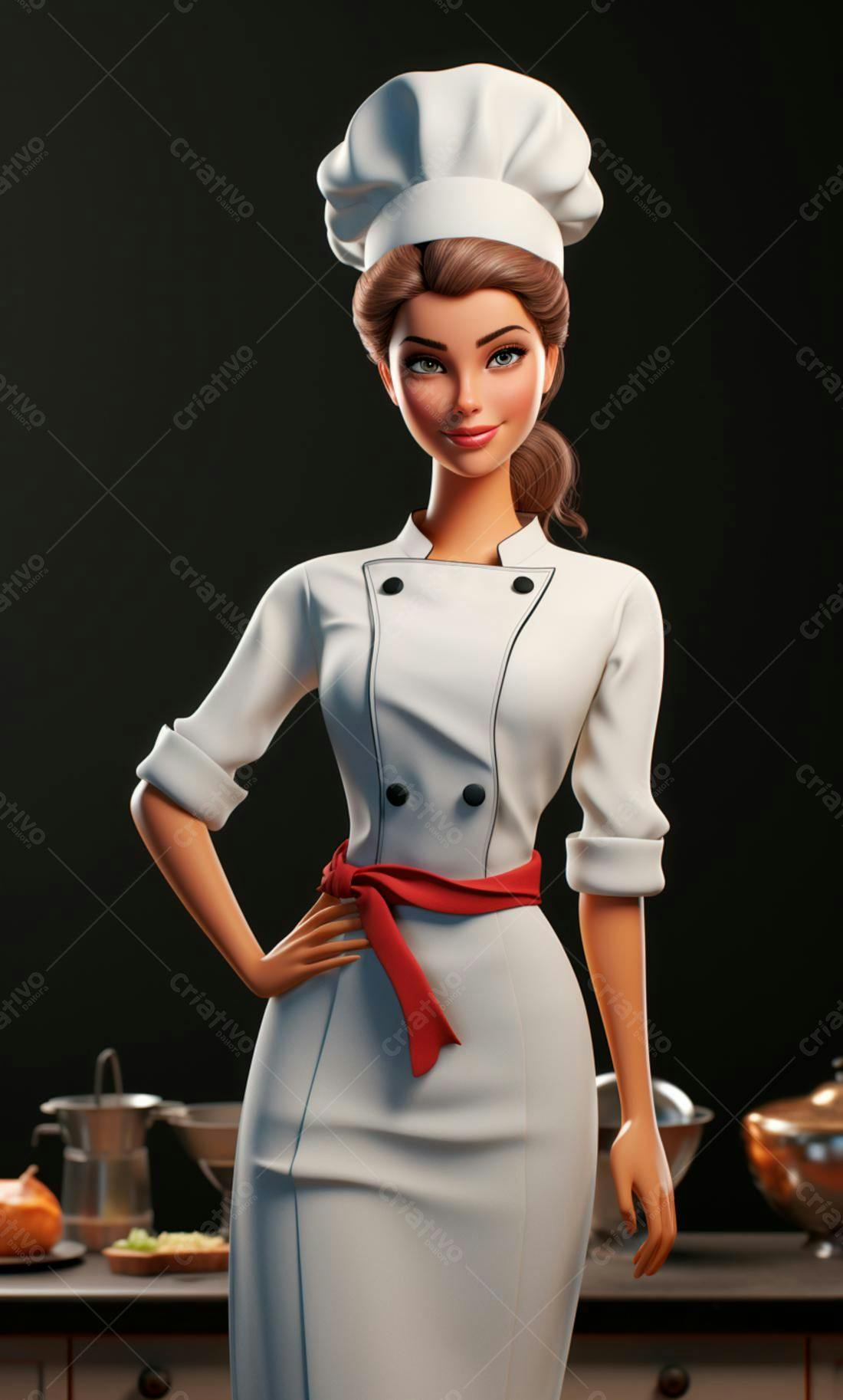 Chef feminina em uniforme branco e vermelho