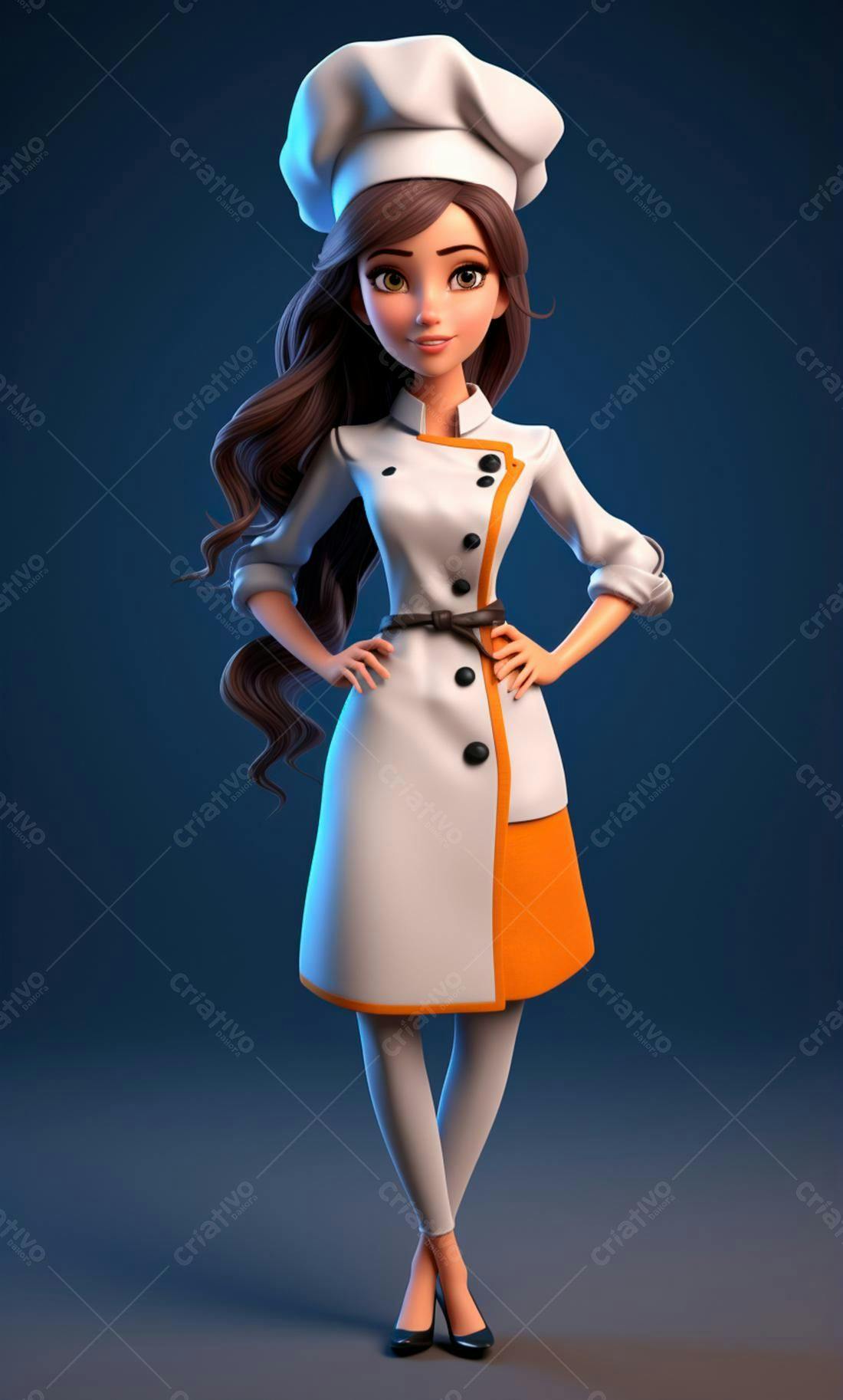 Chef feminina animada uniforme branco laranja