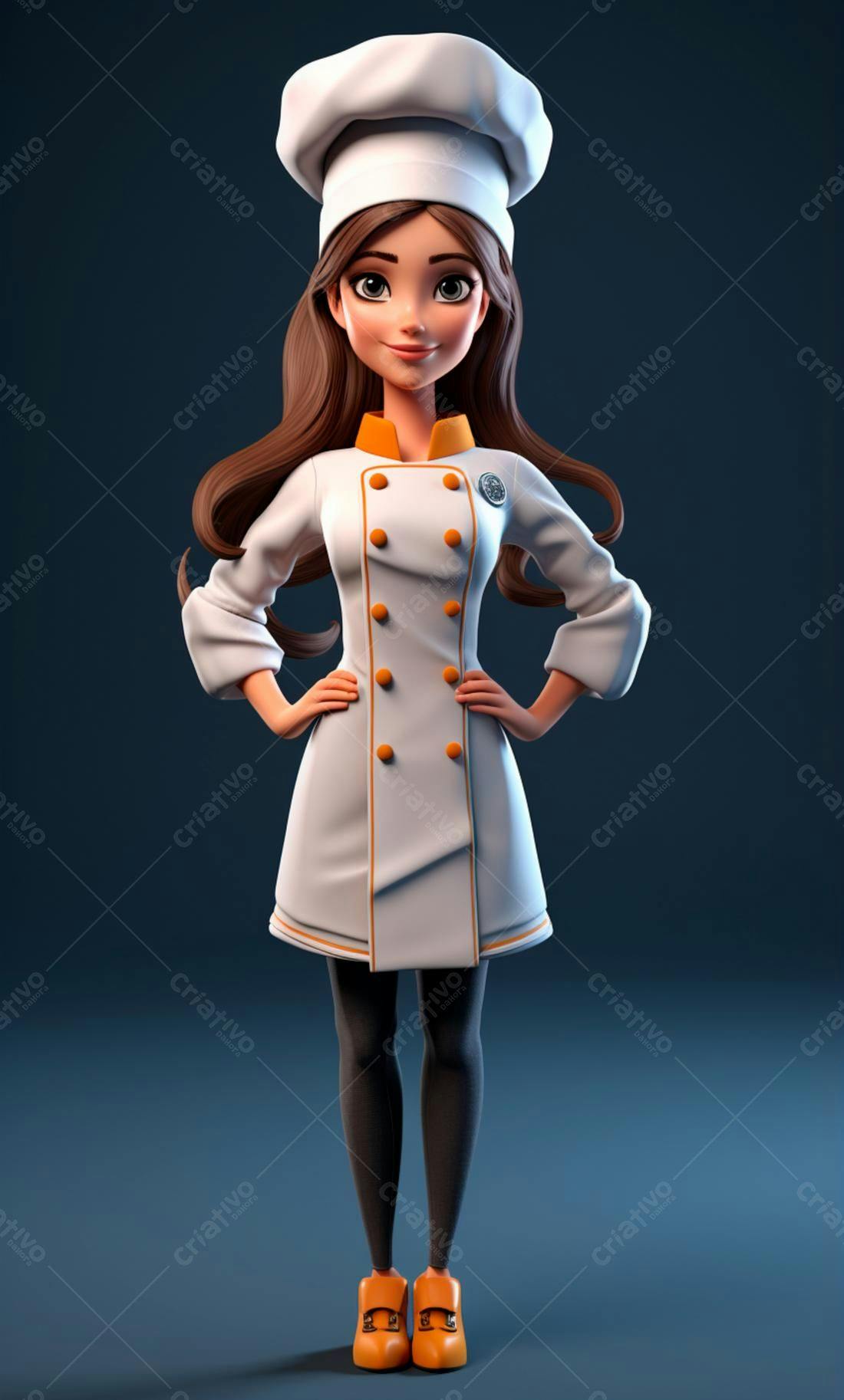 Chef feminina animada uniforme branco laranja