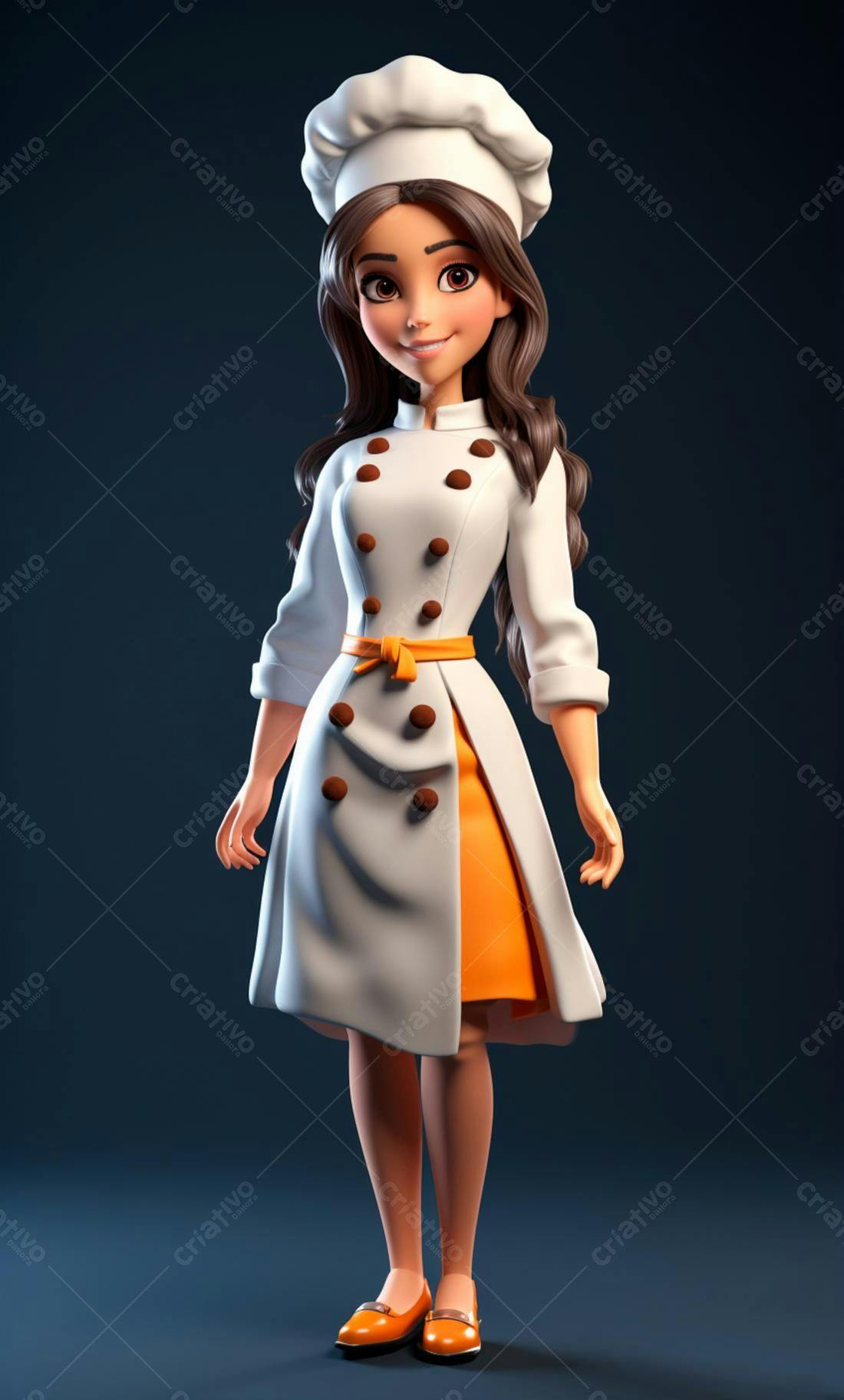Chef feminina animada uniforme branco laranja