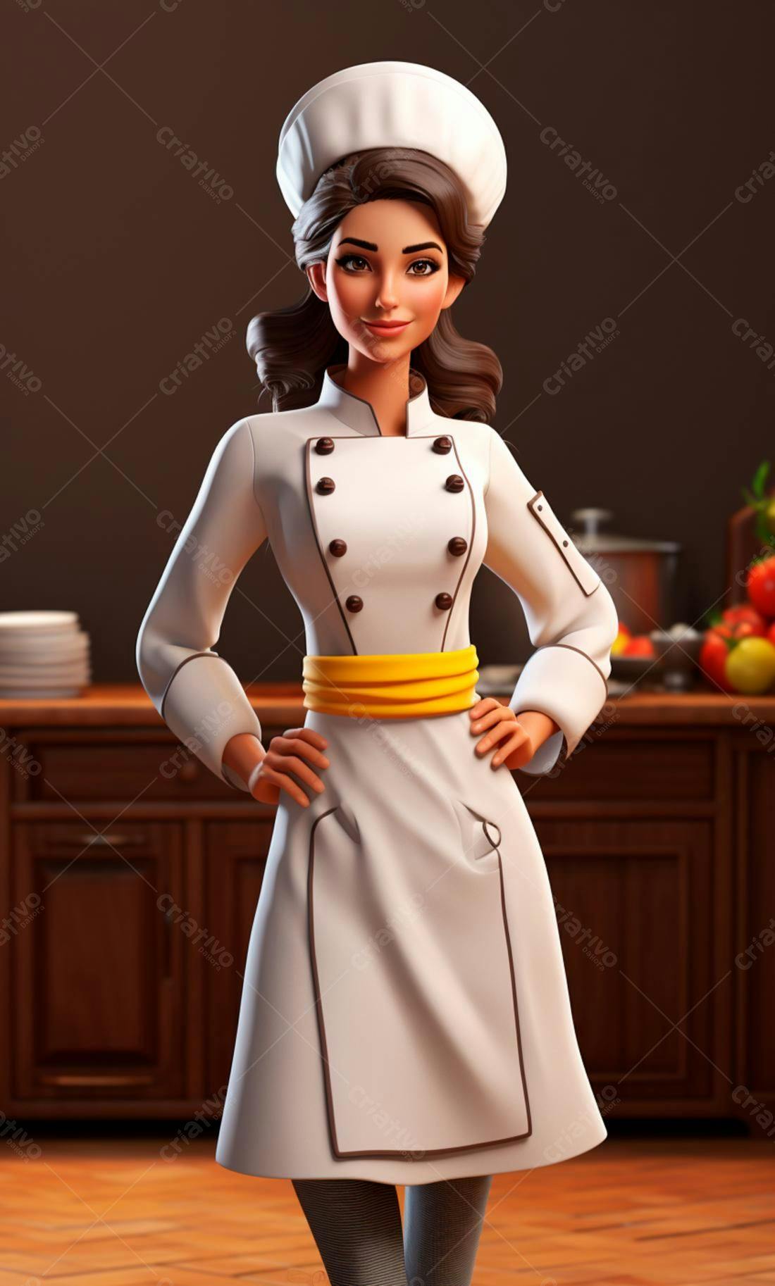 Chef feminina em uniforme branco cozinha