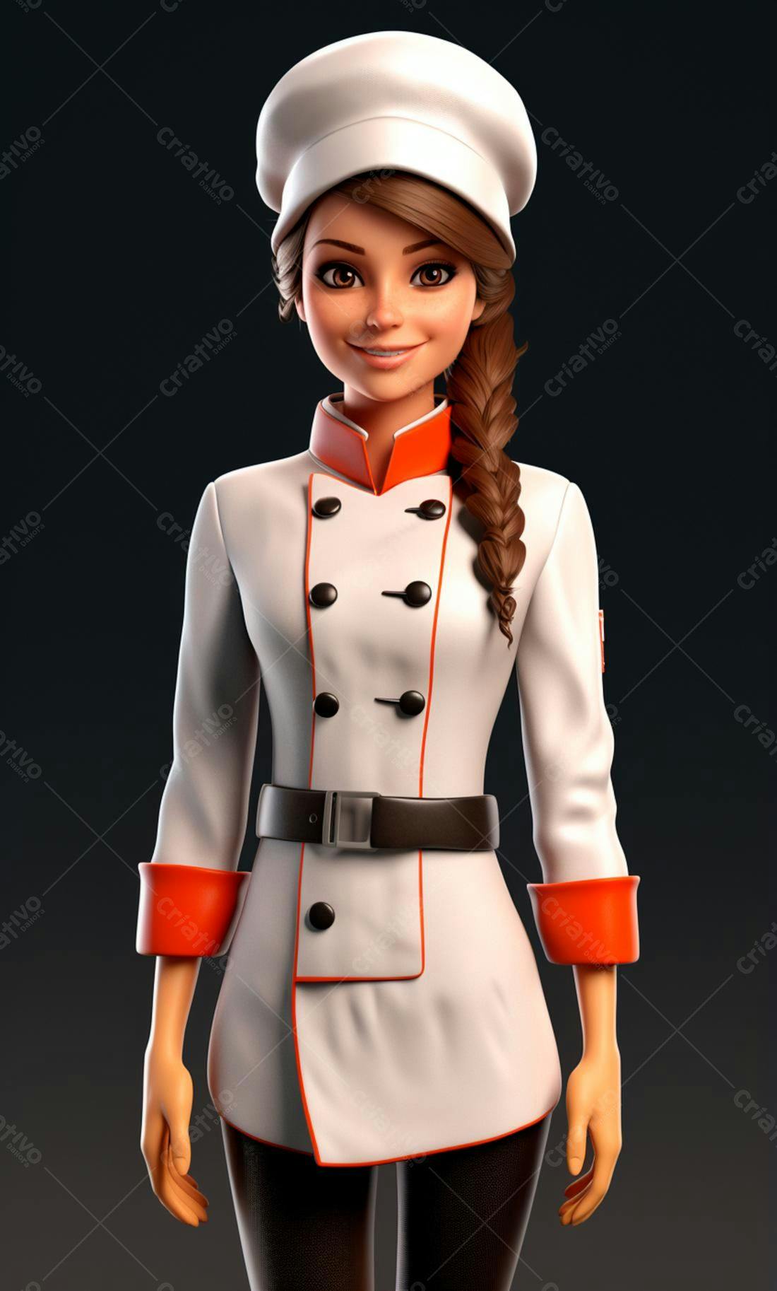 Chef feminina desenho animado uniforme branco laranja