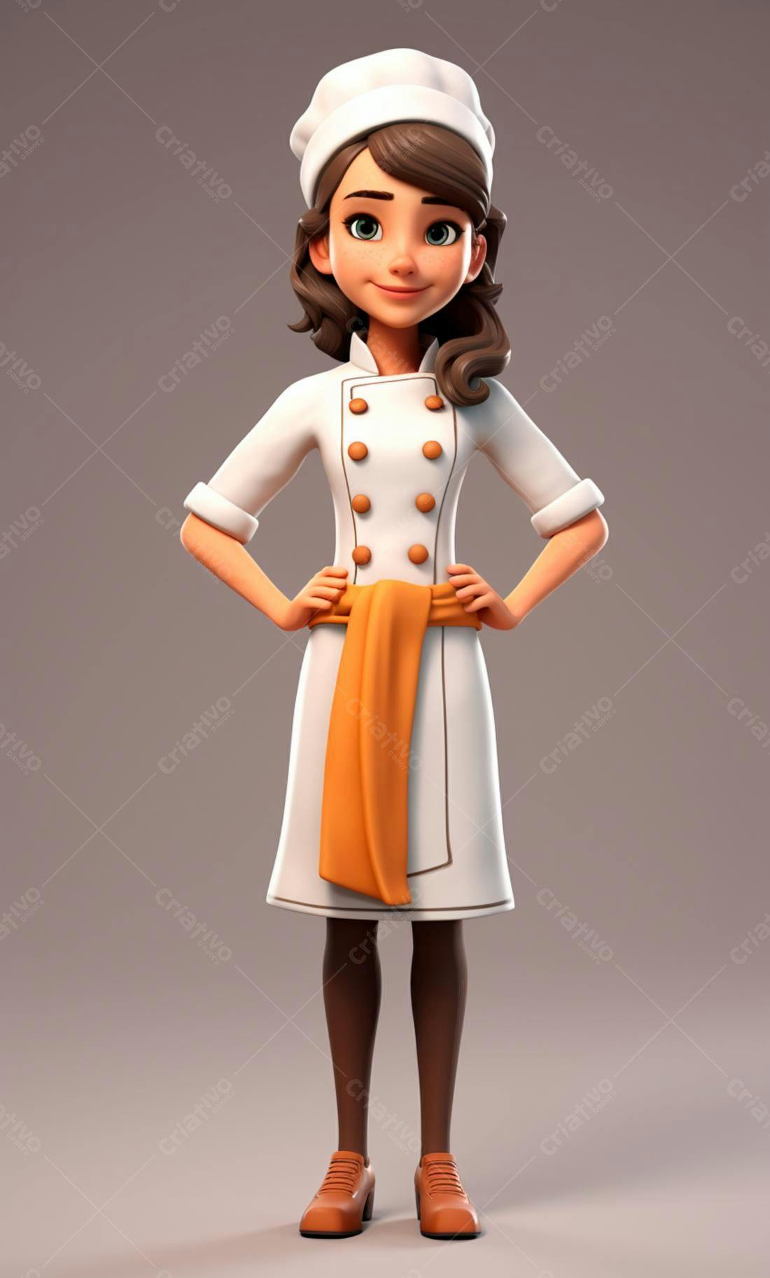 Chef feminina animada sorriso uniforme branco laranja