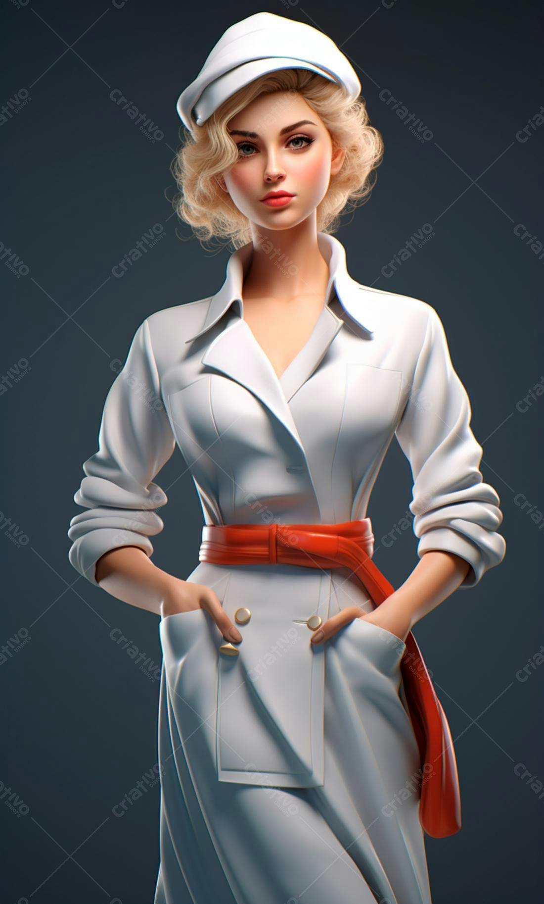 Modelo feminina em vestido branco e cinto vermelho