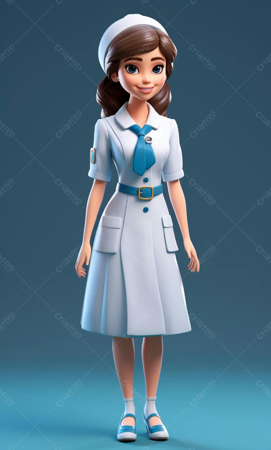 Enfermeira Cartoon Sorrindo em Azul