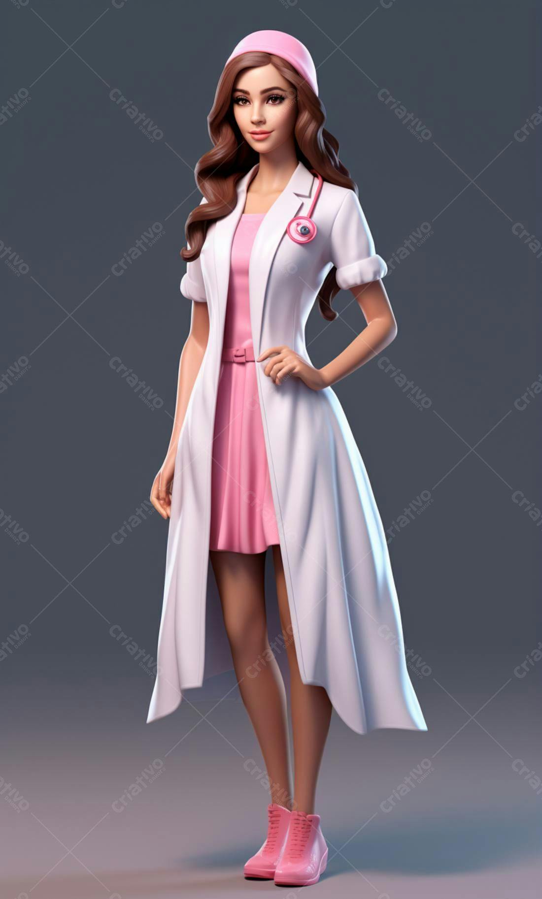 Médica jovem em jaleco rosa e branco