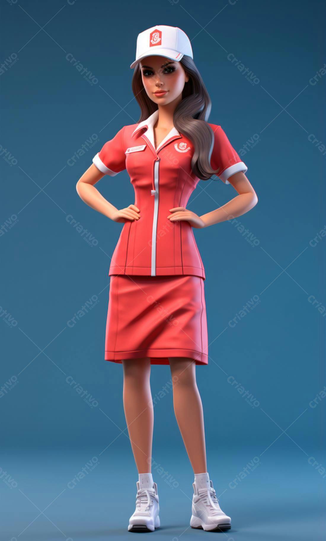 Atendente sorrindo uniforme vermelho