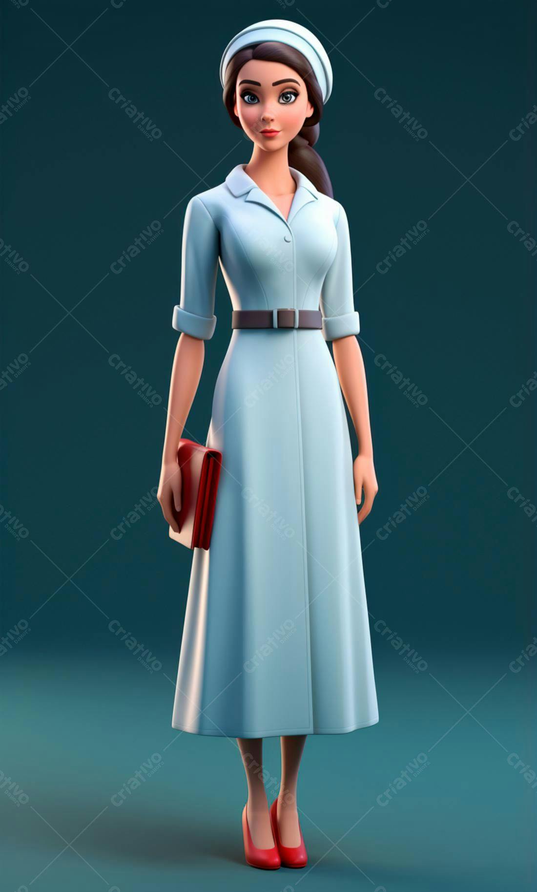 Enfermeira animada estilo vintage azul e vermelho