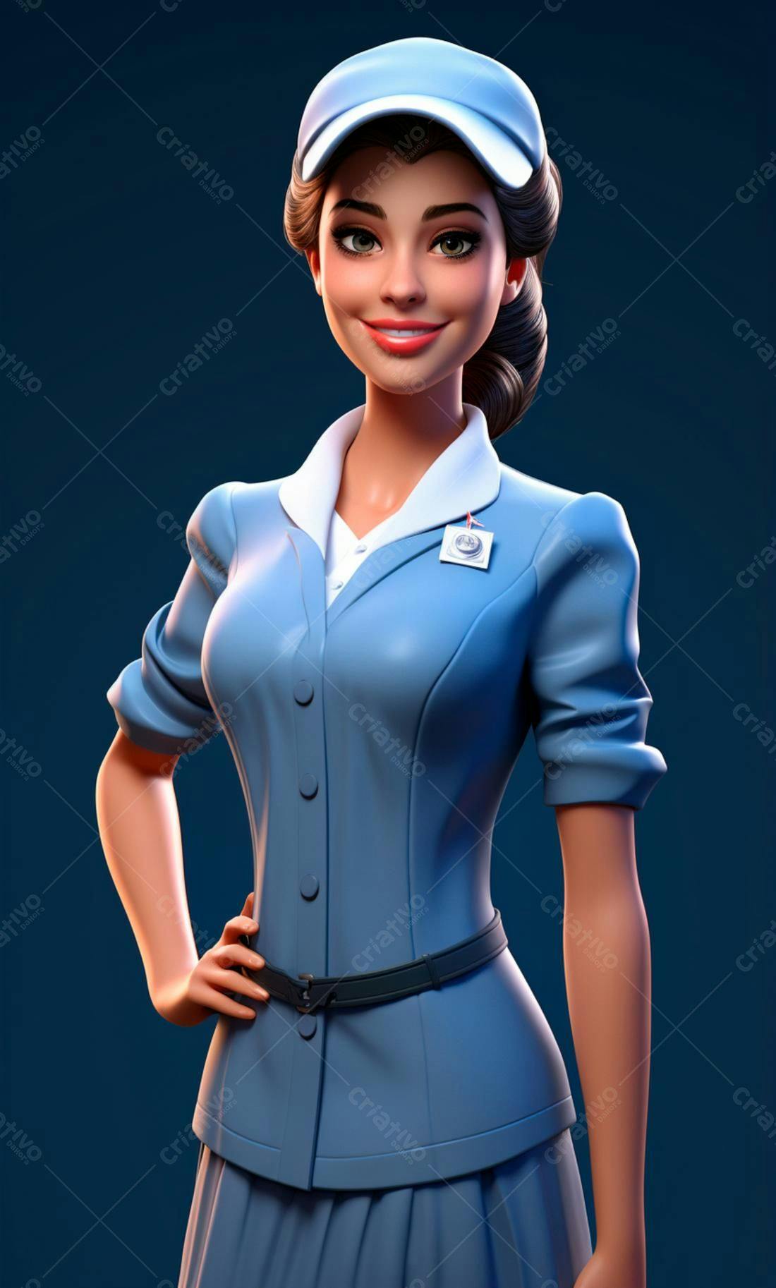 Atendente sorrindo uniforme azul claro
