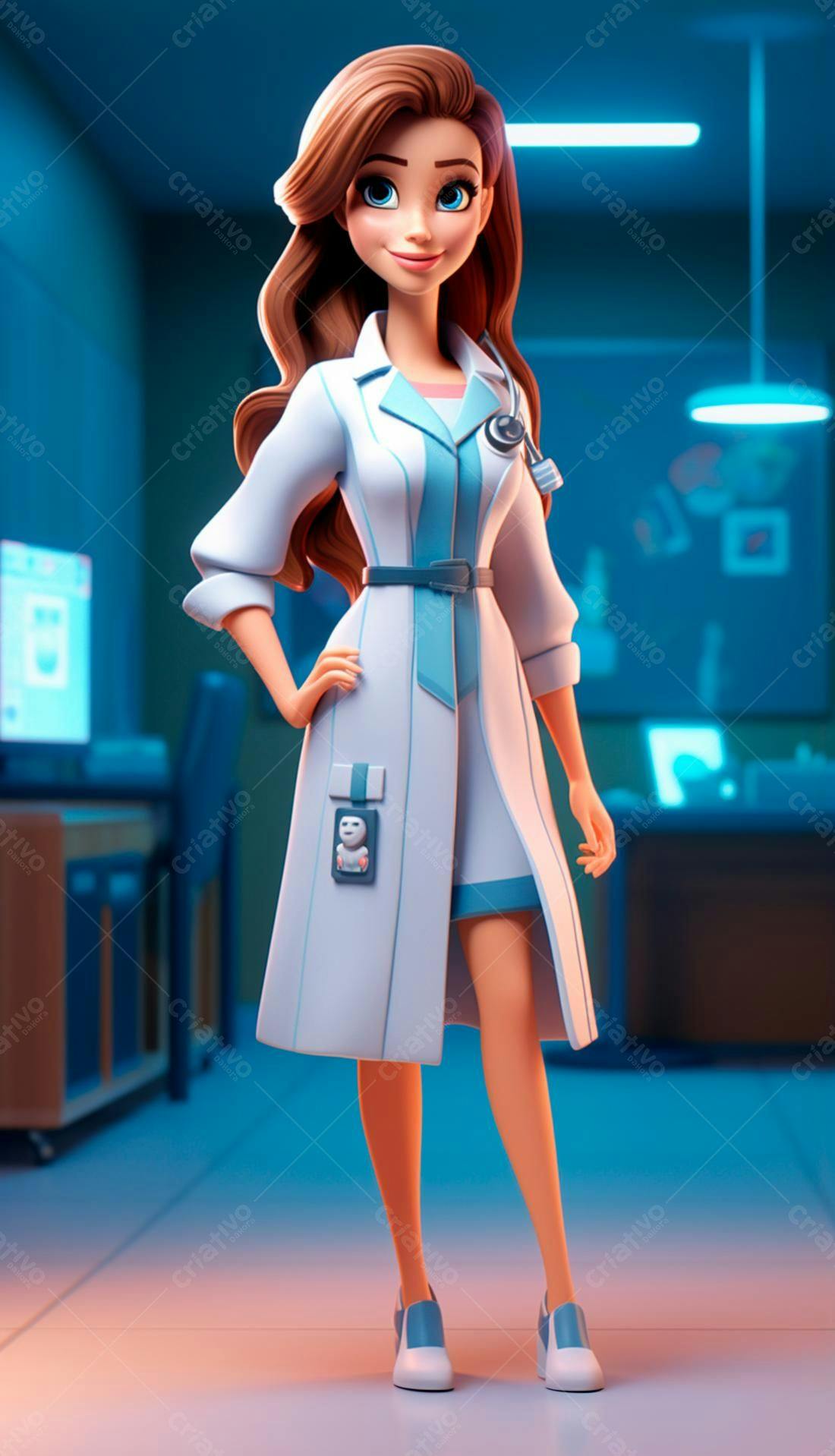 Médica animada em consultório moderno