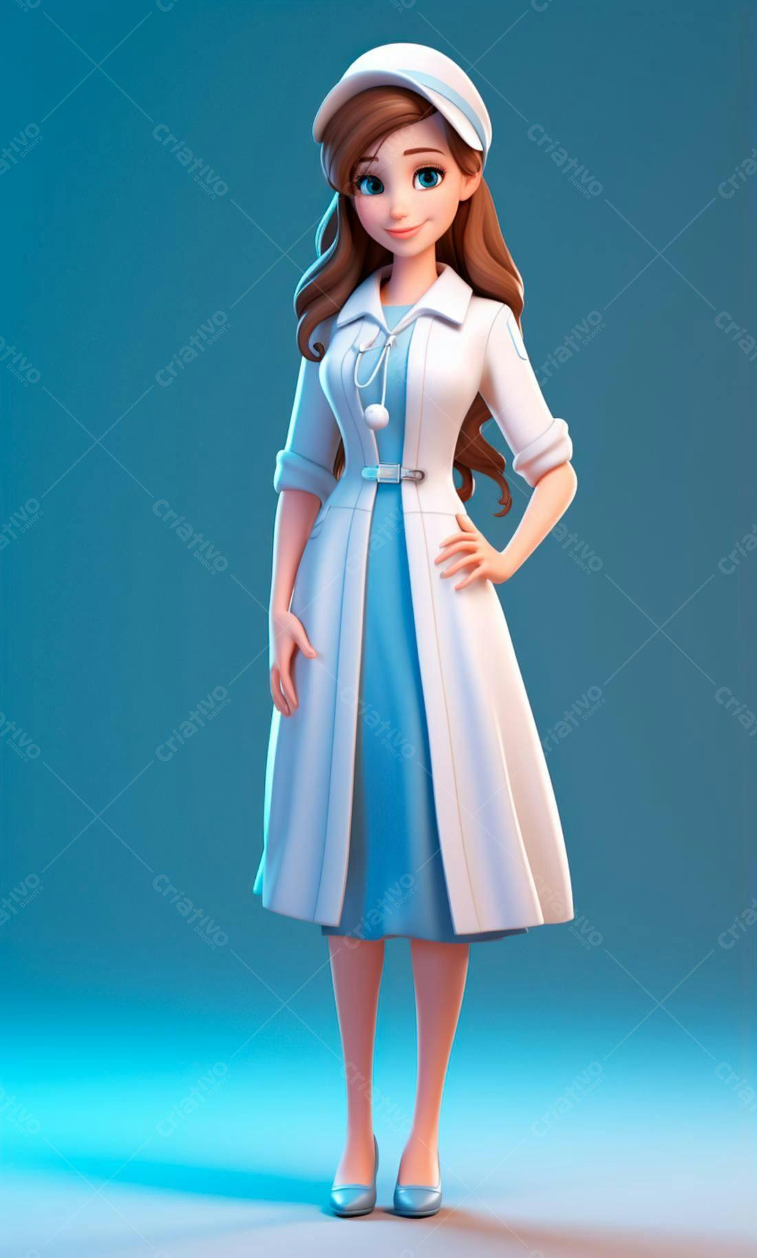 Médica animada em azul e branco