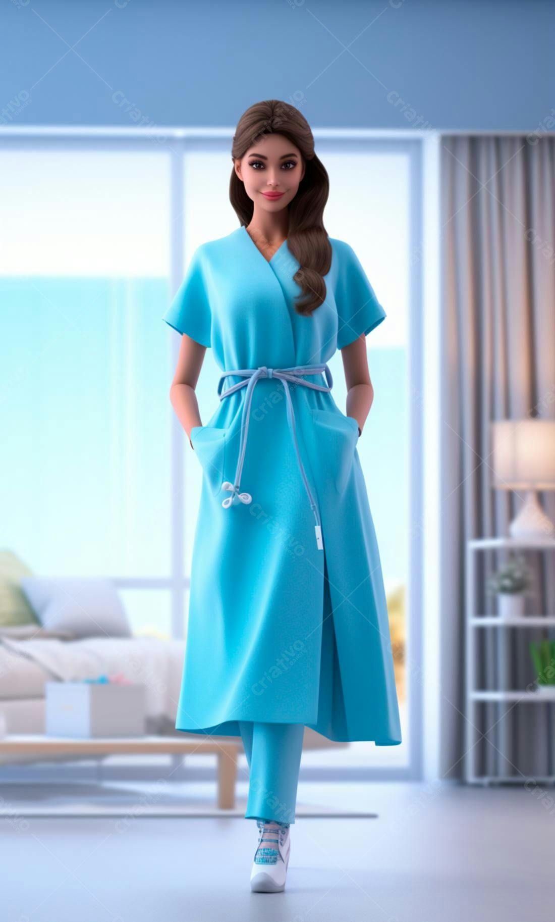Médica em uniforme azul claro em ambiente moderno
