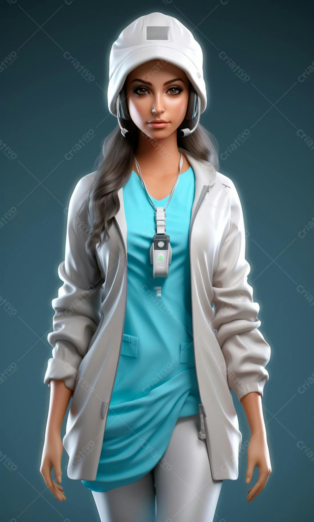 Profissional médica futurista em uniforme branco e azul