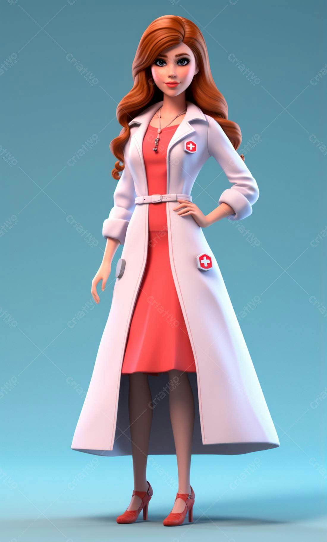 Médica animada em vestido vermelho e jaleco branco