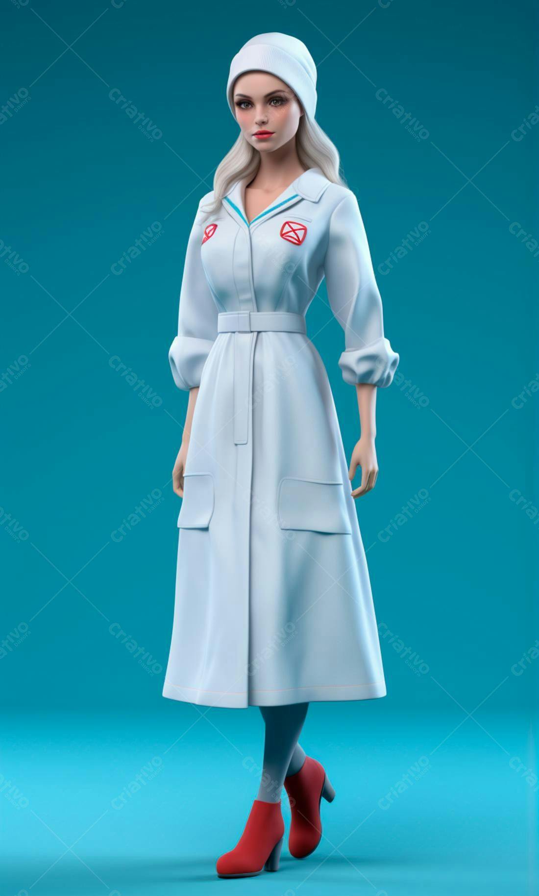 Modelo feminina em uniforme médico branco e botas vermelhas