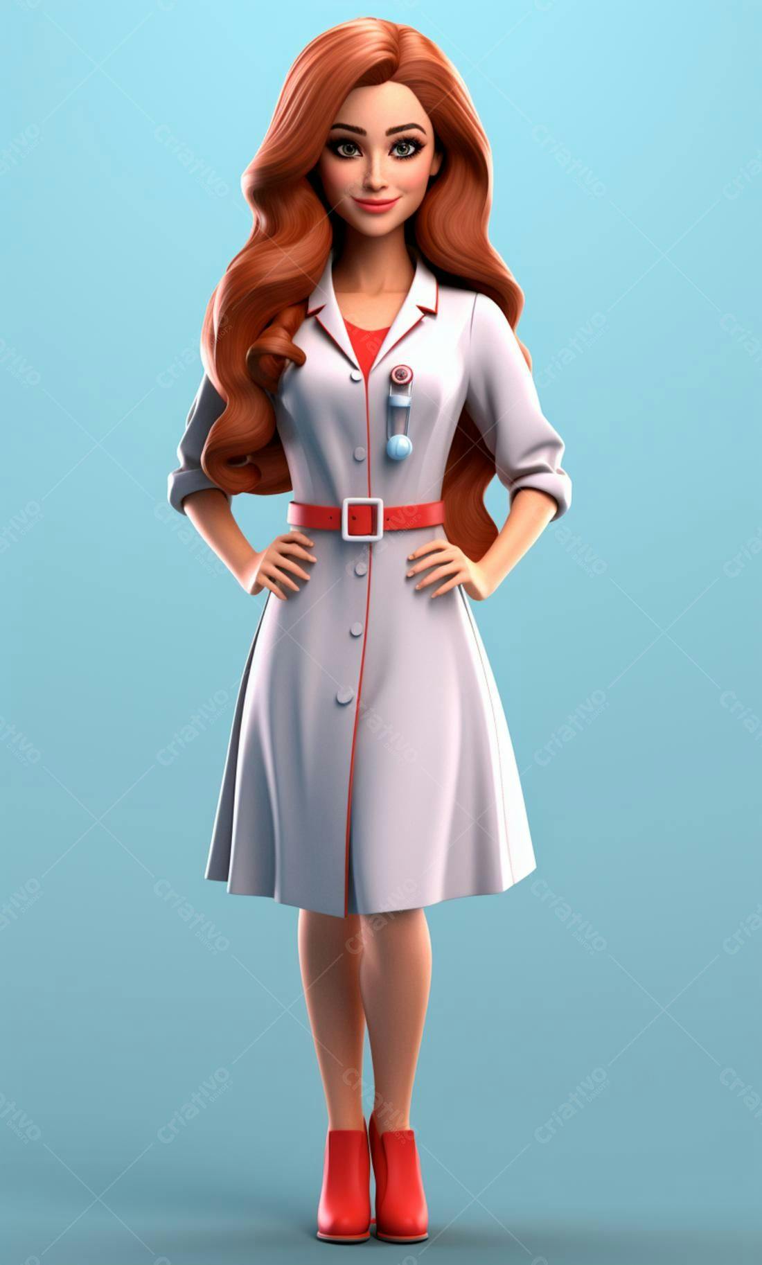 Médica animada em fundo azul claro
