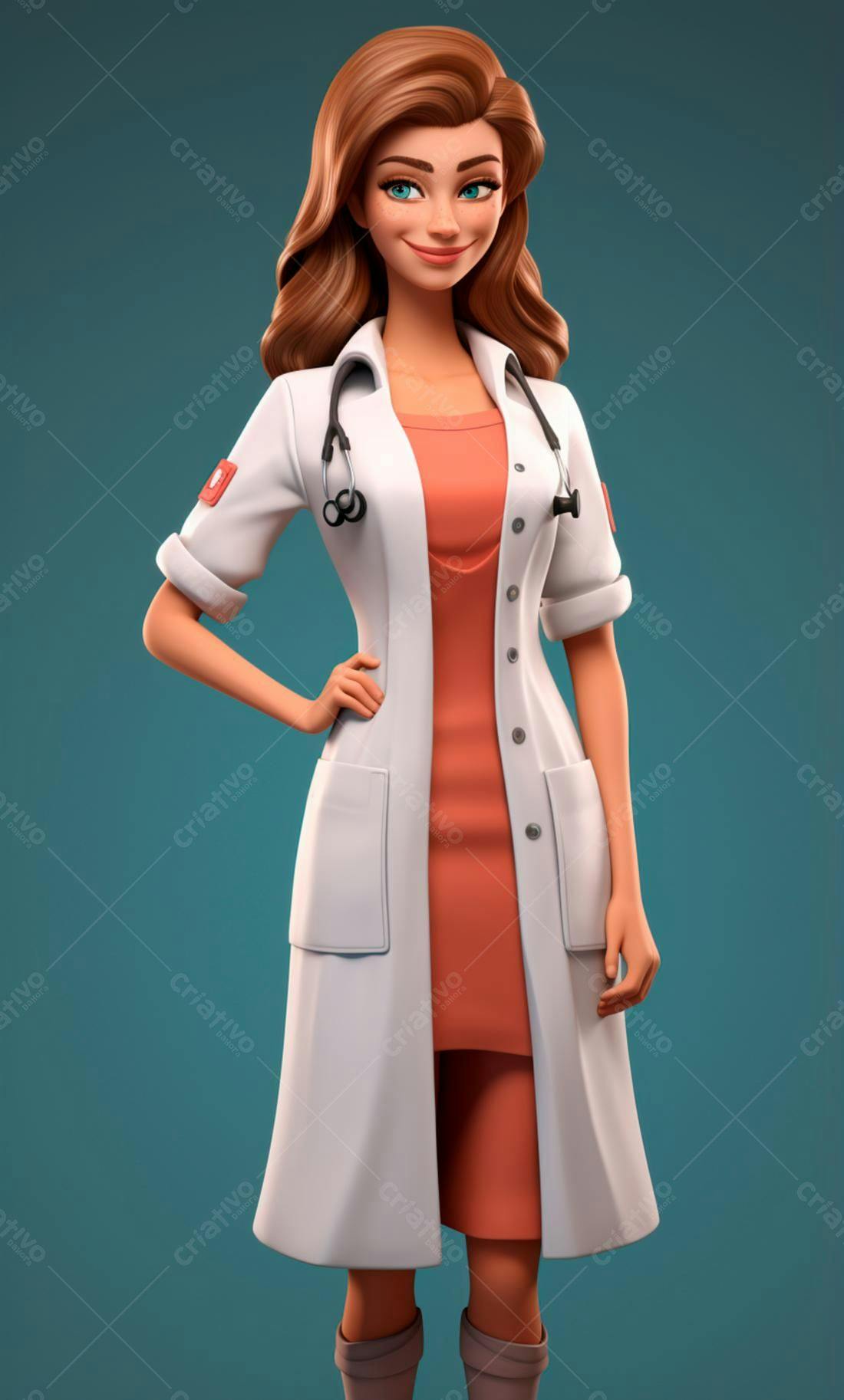 Médica animada sorrindo em fundo azul