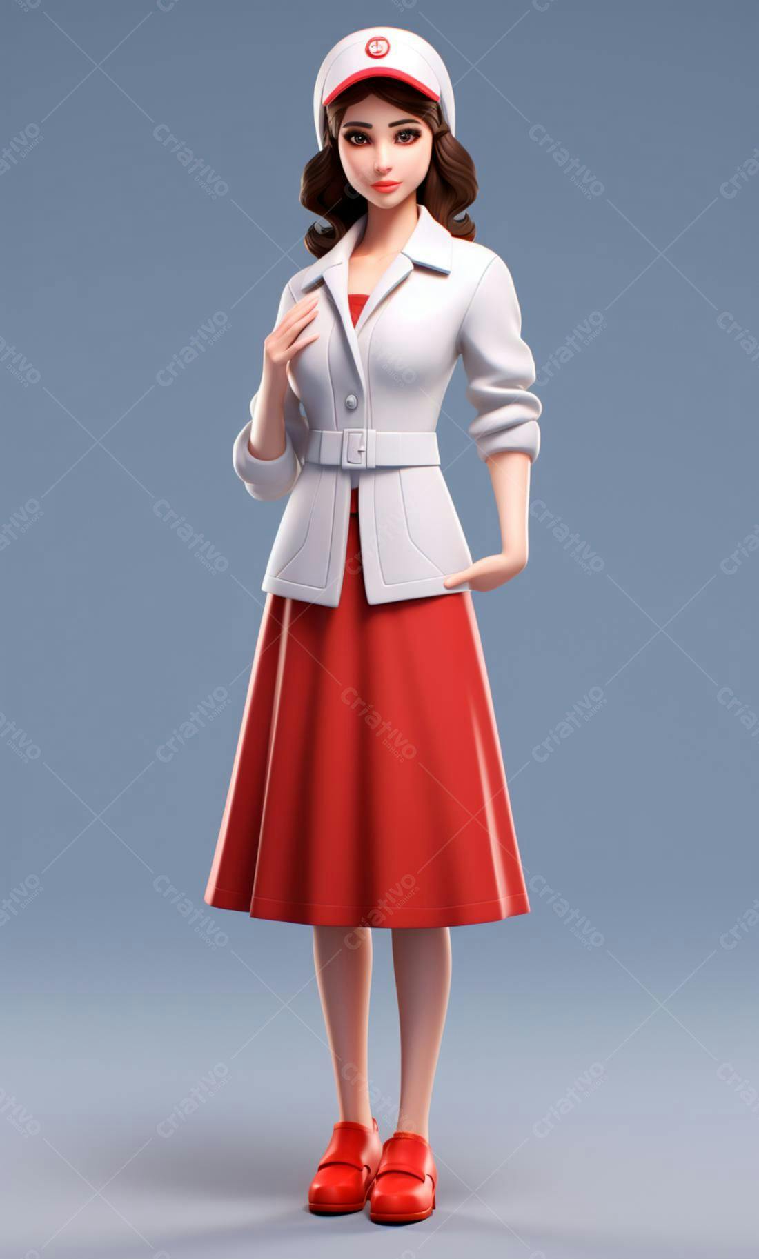 Mulher em vestido vermelho e casaco branco