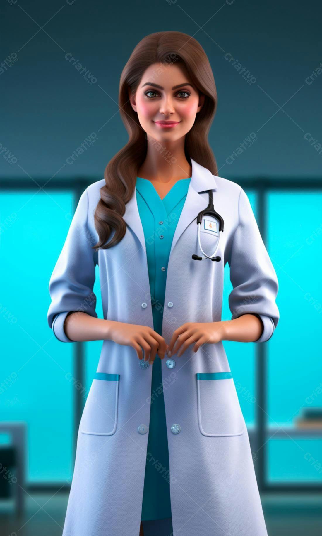 Médica sorridente em consultório azul