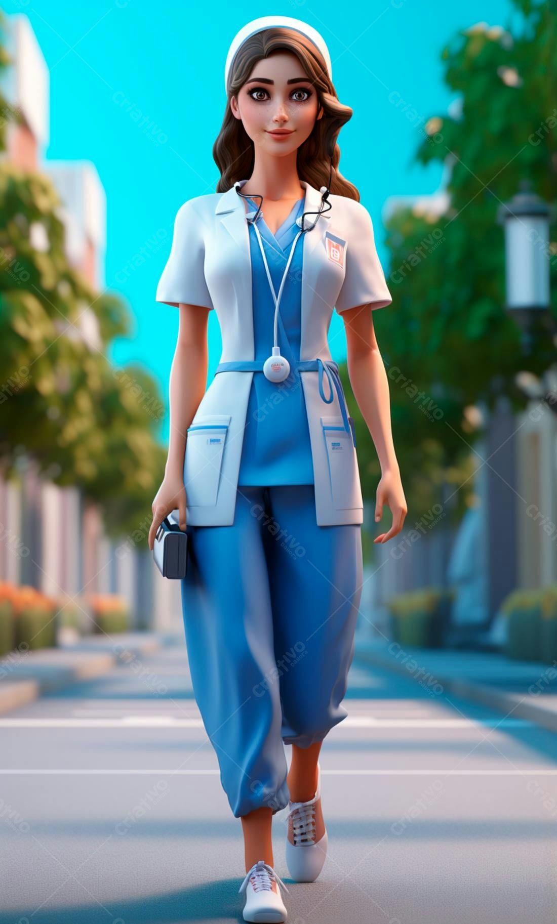 Médica animada caminhando na cidade
