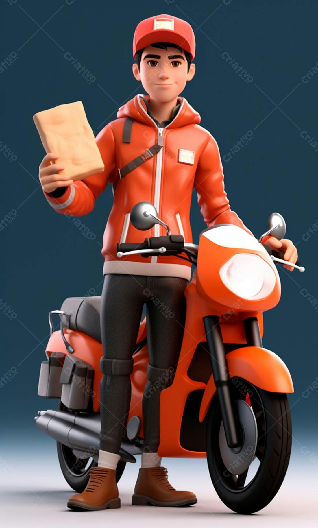 Entregador com moto laranja segurando encomenda
