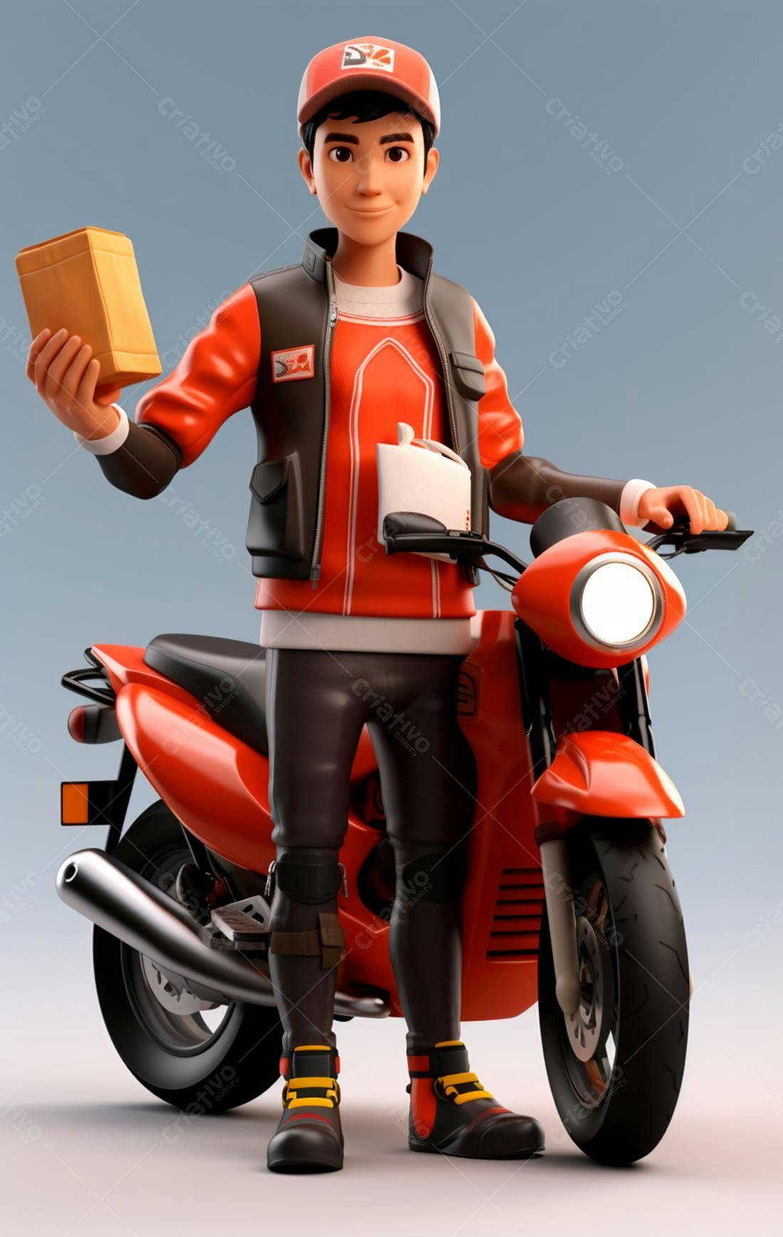 Entregador com moto vermelha entregando pedido