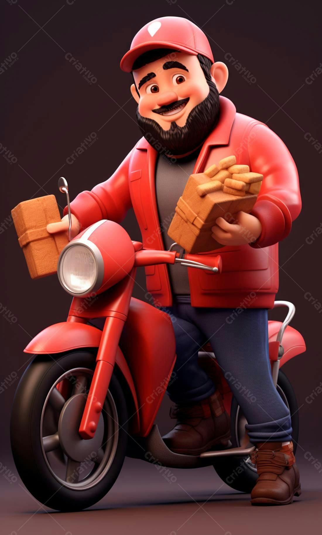 Entregador alegre em moto vermelha com pacotes