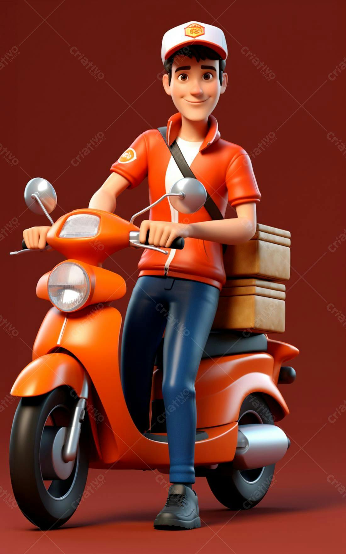 Entregador sorrindo em scooter laranja