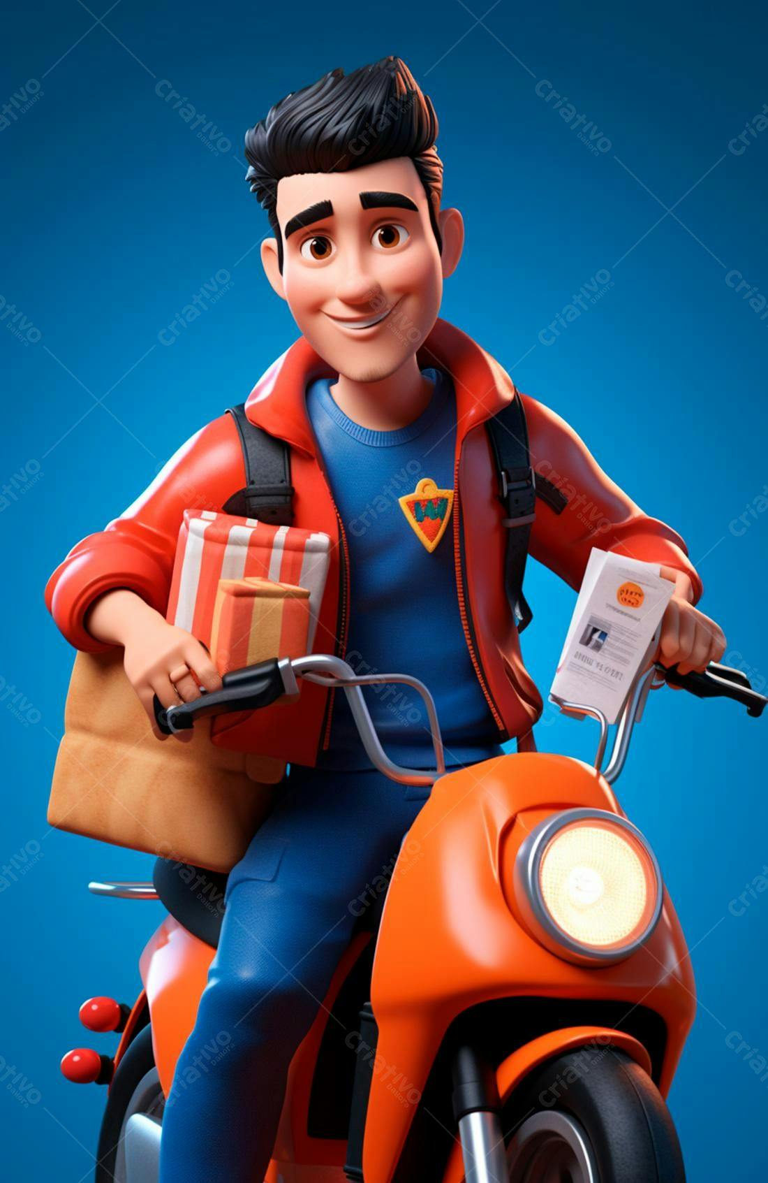 Entregador sorrindo em moto laranja