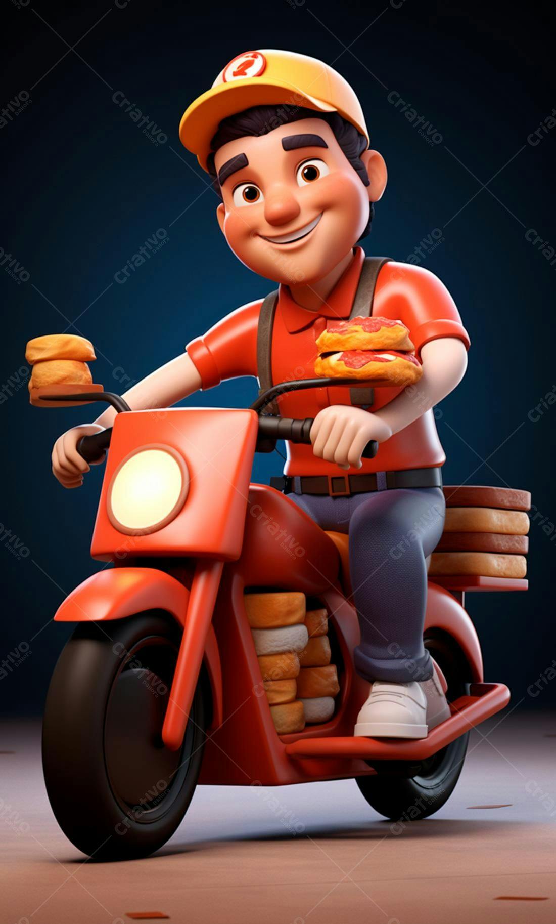 Entregador sorrindo em moto vermelha com lanches