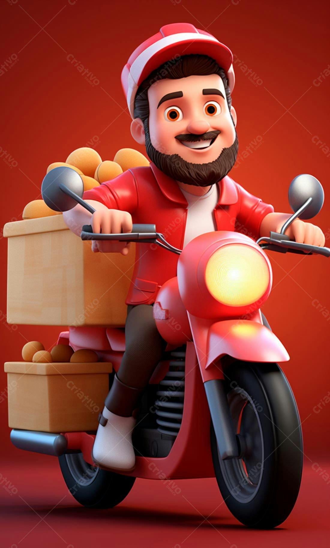 Entregador alegre em moto vermelha com pães