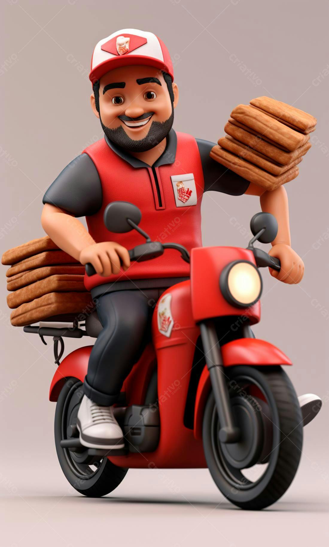Entregador sorridente em moto vermelha com lanches