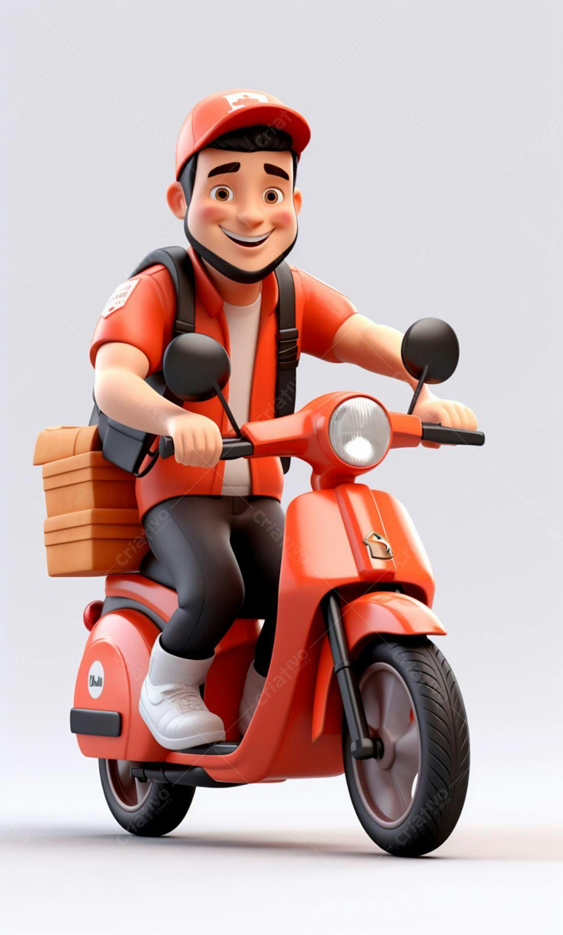 Entregador sorrindo em scooter laranja
