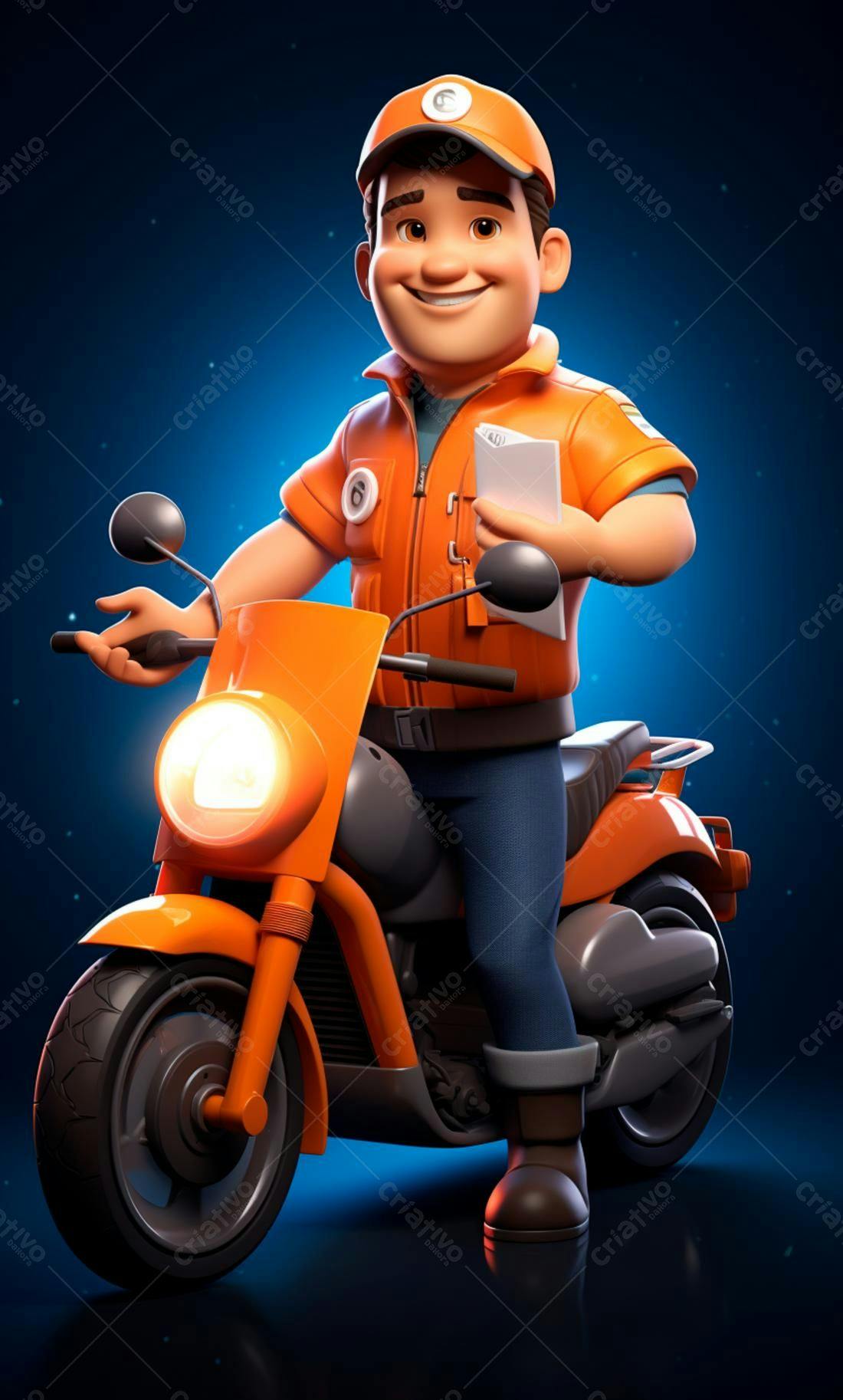 Entregador alegre em moto laranja