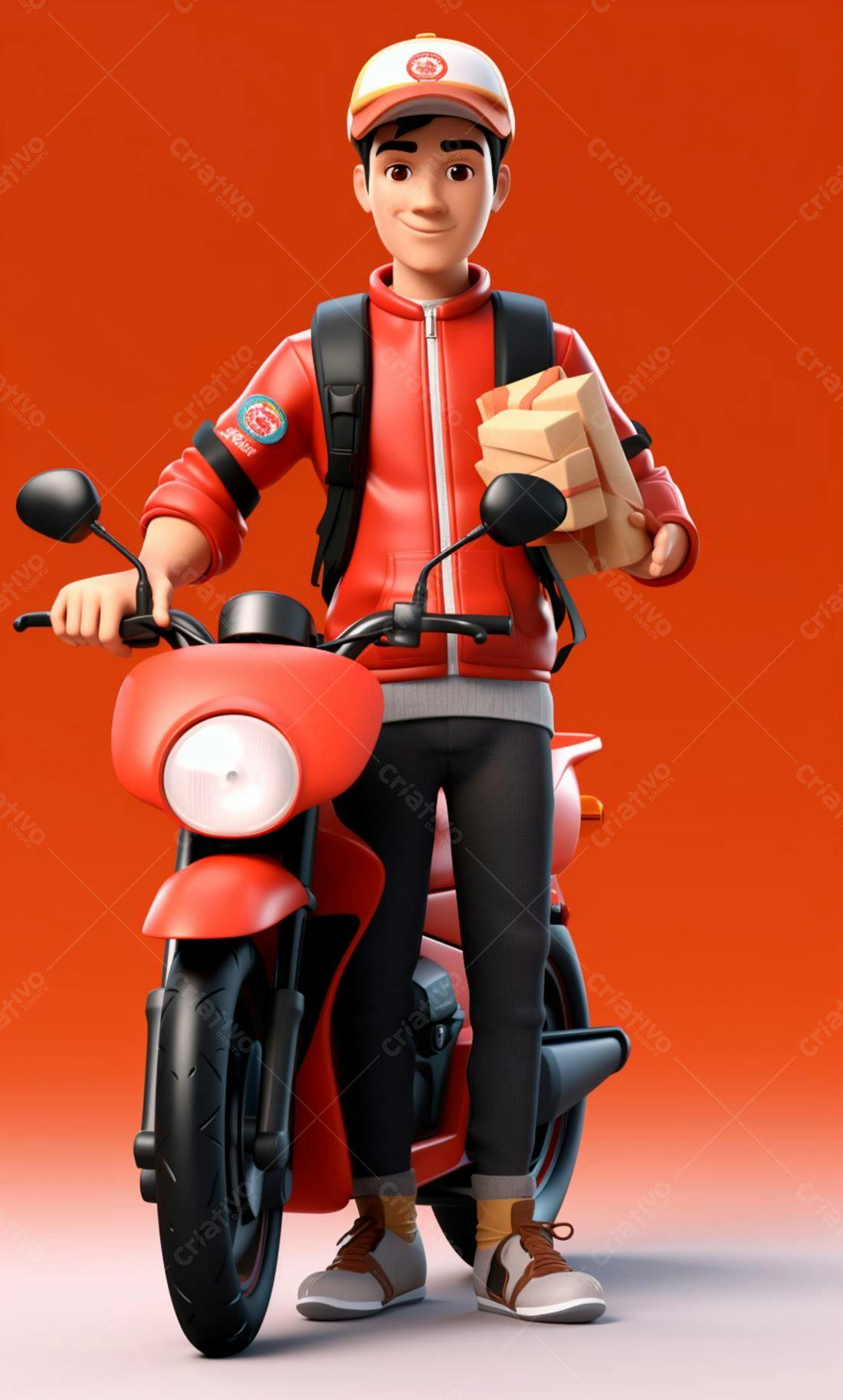 Entregador com moto vermelha e encomendas
