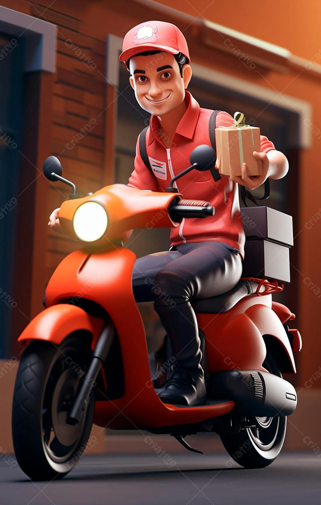 Entregador sorrindo em moto vermelha entregando presente