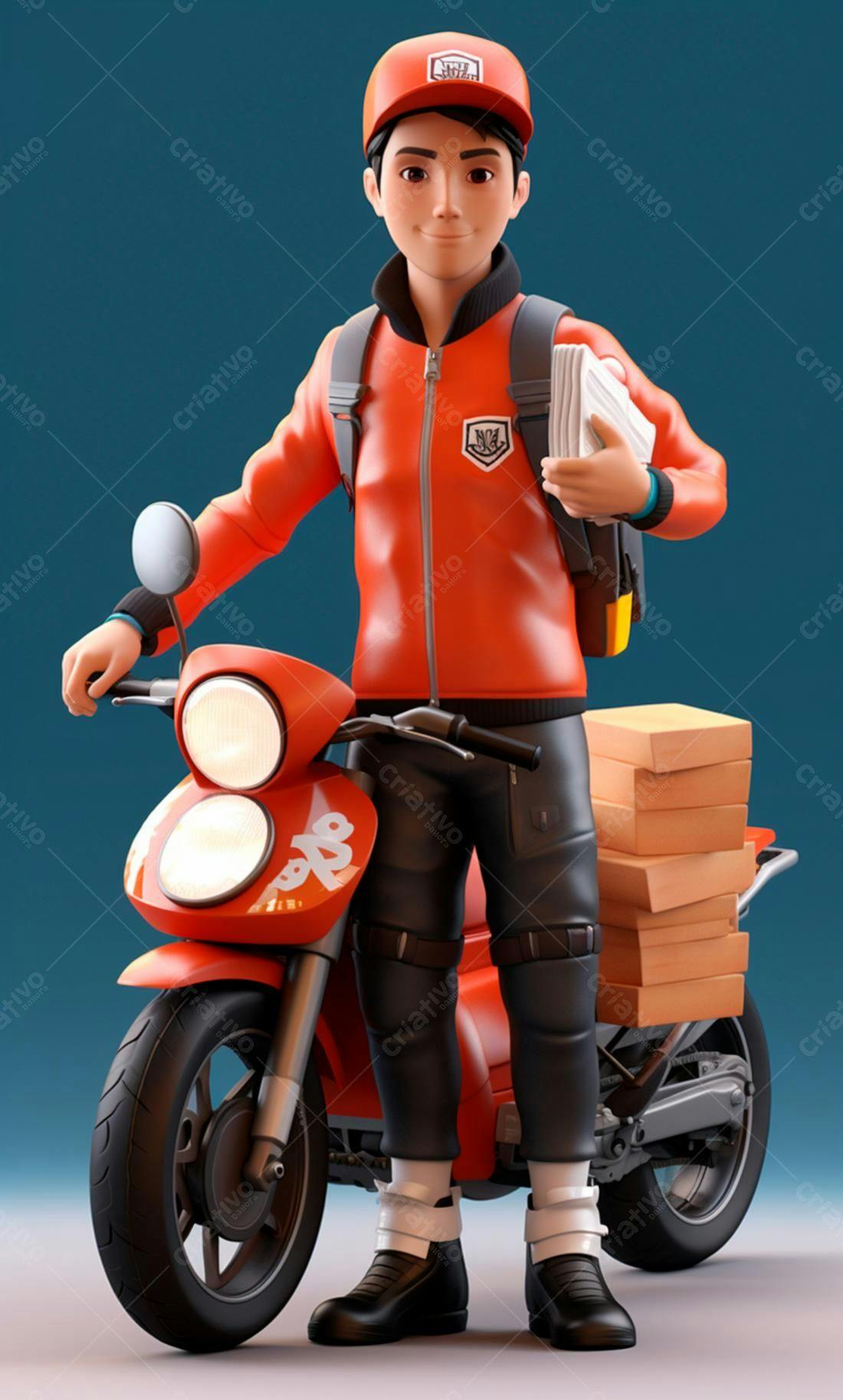Entregador com moto e pizzas