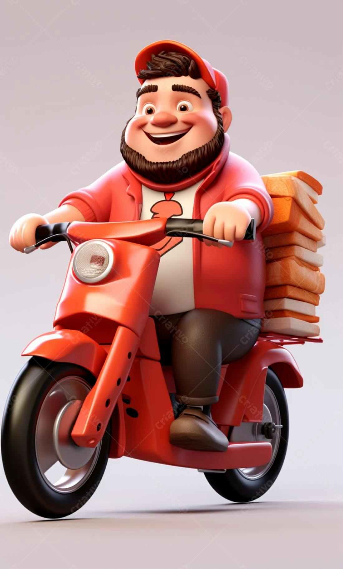 Entregador feliz em moto vermelha entregando pizzas