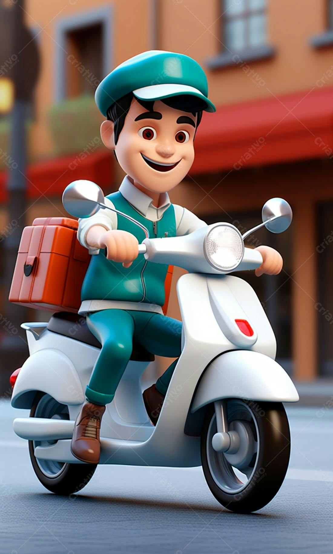 Entregador feliz em scooter branca