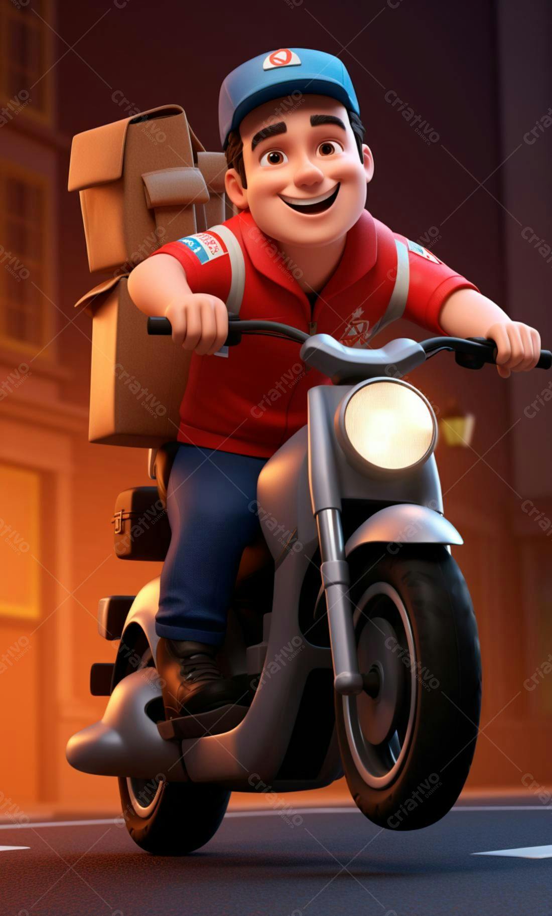 Entregador feliz em moto no entardecer