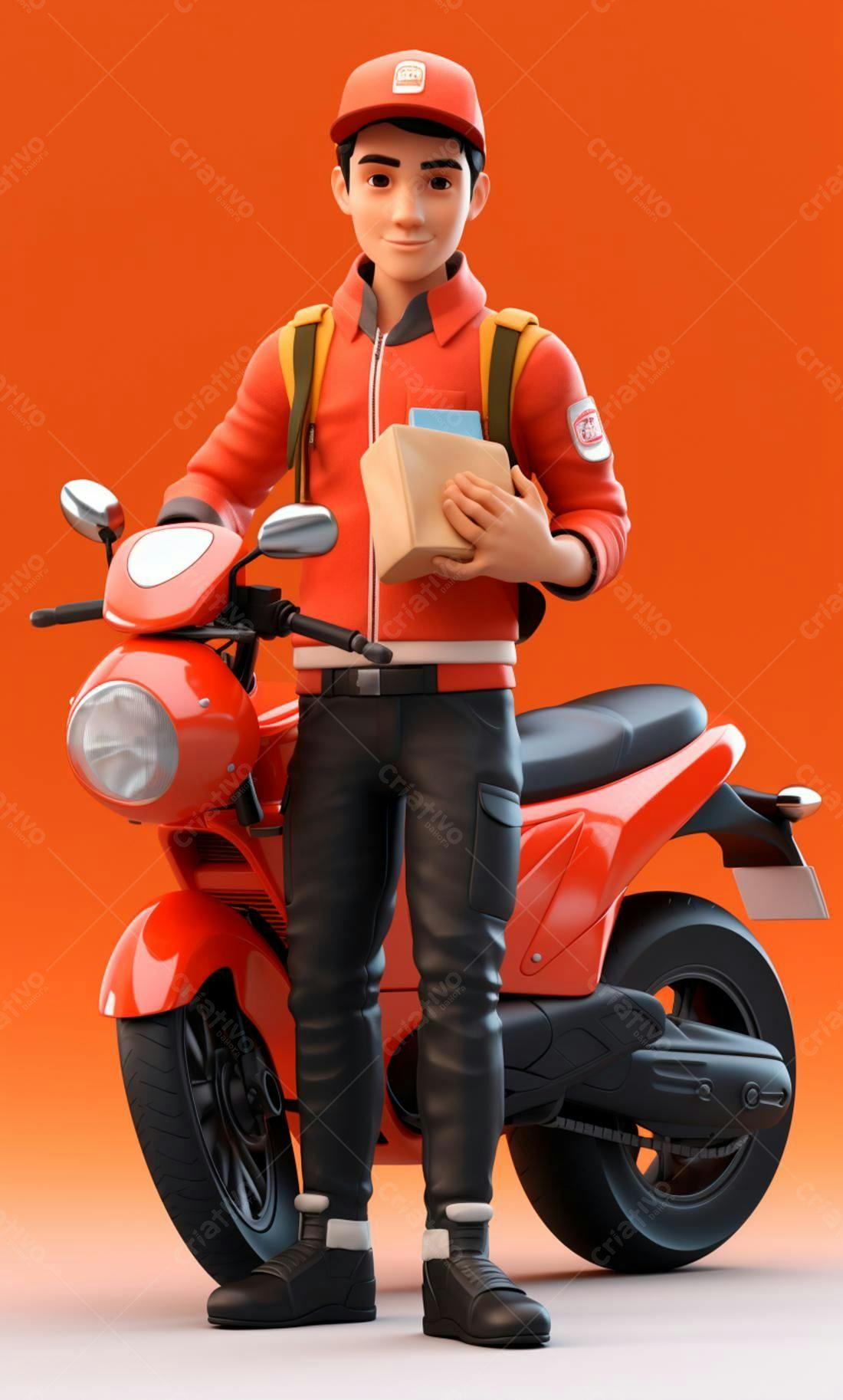 Entregador com moto vermelha segurando encomenda