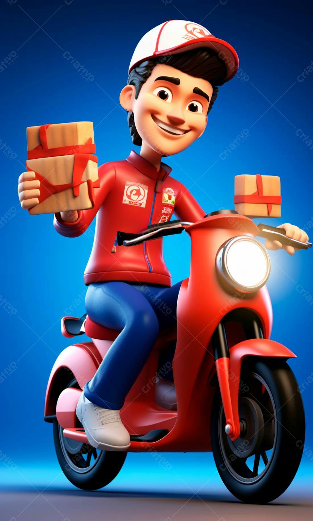 Entregador feliz em moto vermelha com presentes